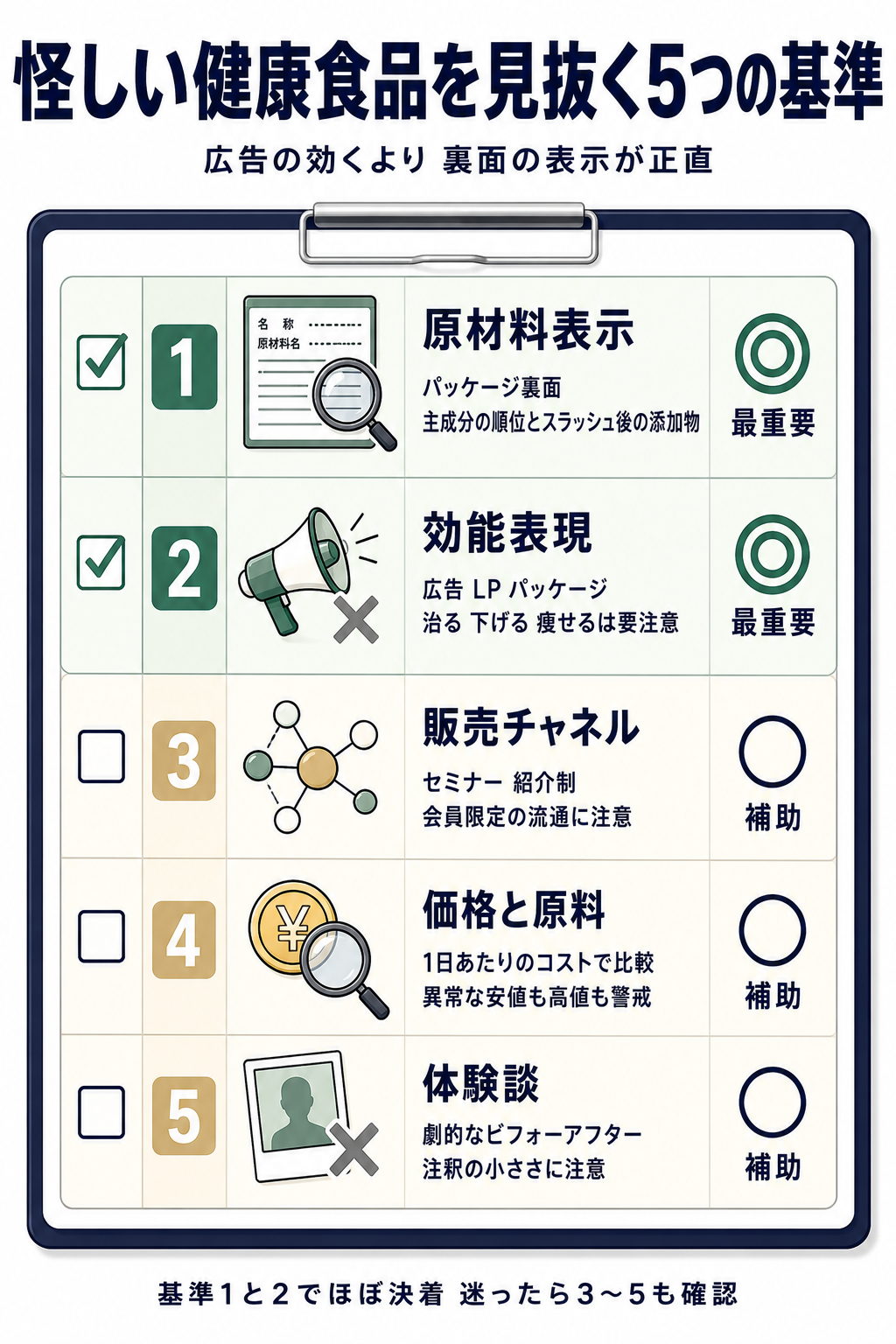 怪しい健康食品を見抜く5つの基準チェックリスト