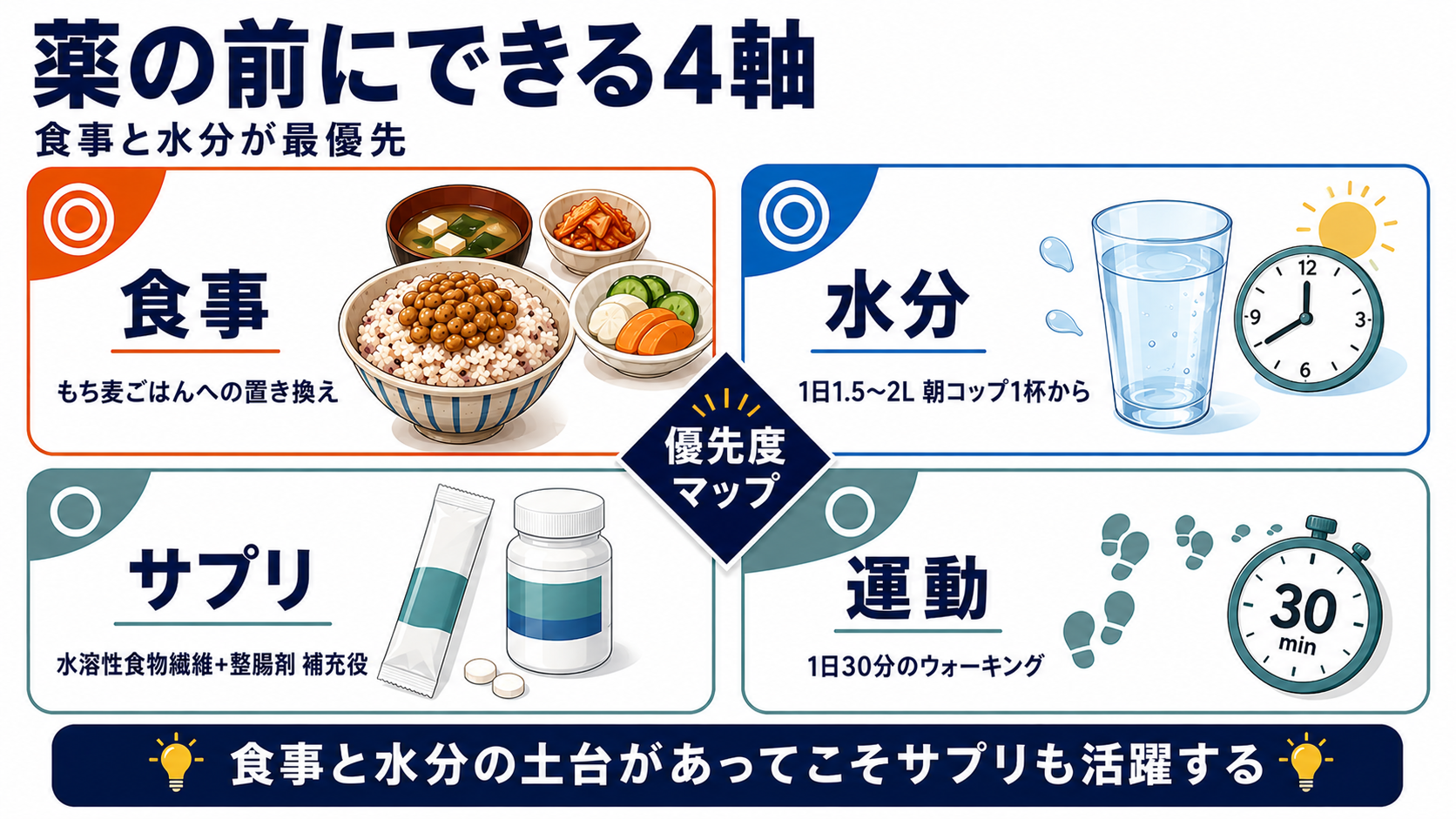 薬の前にできる4軸|食事・水分・運動・サプリの優先度マップ